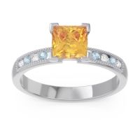 Citrine Ring In 18k White Gold With Diamond And Aquamarine Avikala Princess Classic Ring
