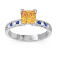 Citrine Ring In 18k White Gold With Lab Diamond And Blue Sapphire Avikala Princess Classic Ring