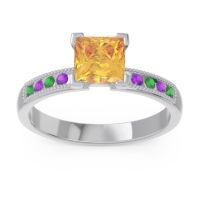 Citrine Ring In Platinum With Emerald And Amethyst Avikala Princess Classic Ring