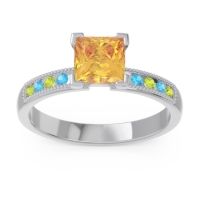 Citrine Ring In Platinum With Peridot And Swiss Blue Topaz Avikala Princess Classic Ring