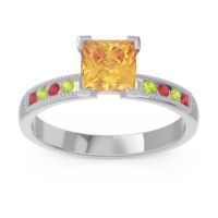 Citrine Ring In 18k White Gold With Ruby And Peridot Avikala Princess Classic Ring