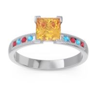 Citrine Ring In Platinum With Ruby And Swiss Blue Topaz Avikala Princess Classic Ring