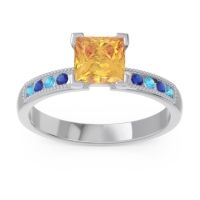 Citrine Ring In 18k White Gold With Swiss Blue Topaz And Blue Sapphire Avikala Princess Classic Ring