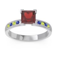Garnet Ring In 18k White Gold With Peridot And Blue Sapphire Avikala Princess Classic Ring