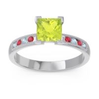 Peridot Ring In 18k White Gold With Aquamarine And Ruby Avikala Princess Classic Ring