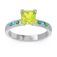 Peridot Ring In Platinum With Swiss Blue Topaz And Emerald Avikala Princess Classic Ring