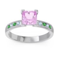 Pink Tourmaline Ring In Platinum With Emerald And Aquamarine Avikala Princess Classic Ring