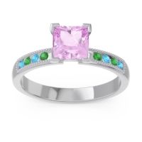 Pink Tourmaline Ring In Palladium With Swiss Blue Topaz And Emerald Avikala Princess Classic Ring