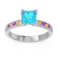 Swiss Blue Topaz Ring In 18k White Gold With Amethyst And Citrine Avikala Princess Classic Ring