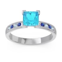 Swiss Blue Topaz Ring In 18k White Gold With Aquamarine And Blue Sapphire Avikala Princess Classic Ring