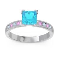 Swiss Blue Topaz Ring In 18k White Gold With Aquamarine And Pink Tourmaline Avikala Princess Classic Ring