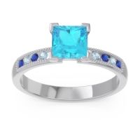 Swiss Blue Topaz Ring In 18k White Gold With Blue Sapphire And Aquamarine Avikala Princess Classic Ring