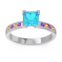 Swiss Blue Topaz Ring In 18k White Gold With Citrine And Amethyst Avikala Princess Classic Ring