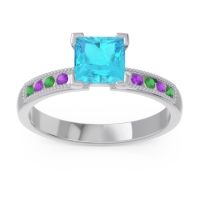 Swiss Blue Topaz Ring In 18k White Gold With Emerald And Amethyst Avikala Princess Classic Ring