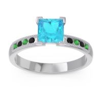 Swiss Blue Topaz Ring In 18k White Gold With Emerald And Black Onyx Avikala Princess Classic Ring