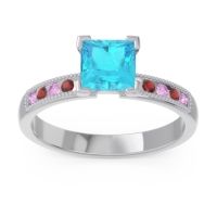 Swiss Blue Topaz Ring In 18k White Gold With Pink Tourmaline And Garnet Avikala Princess Classic Ring