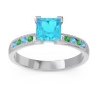 Swiss Blue Topaz Ring In Palladium With Emerald Avikala Princess Classic Ring