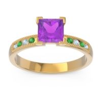 Amethyst Ring In 18k Yellow Gold With Aquamarine And Emerald Avikala Princess Classic Ring