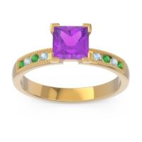 Amethyst Ring In 18k Yellow Gold With Emerald And Aquamarine Avikala Princess Classic Ring