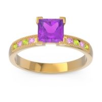 Amethyst Ring In 18k Yellow Gold With Peridot And Pink Tourmaline Avikala Princess Classic Ring