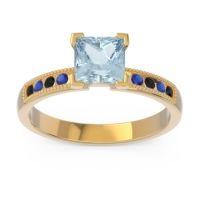 Aquamarine Ring In 14k Yellow Gold With Black Onyx And Blue Sapphire Avikala Princess Classic Ring