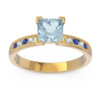 Aquamarine Ring In 18k Yellow Gold With Blue Sapphire Avikala Princess Classic Ring