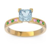 Aquamarine Ring In 14k Yellow Gold With Emerald And Pink Tourmaline Avikala Princess Classic Ring