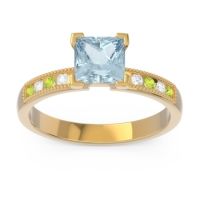 Aquamarine Ring In 18k Yellow Gold With Peridot And Lab Diamond Avikala Princess Classic Ring