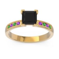 Black Onyx Ring In 18k Yellow Gold With Emerald And Amethyst Avikala Princess Classic Ring