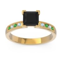 Black Onyx Ring In 18k Yellow Gold With Emerald And Aquamarine Avikala Princess Classic Ring