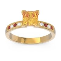 Citrine Engagement Ring In 18k Yellow Gold With Garnet And Diamond - Avikala Princess Classic Ring