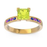 Peridot Ring In 18k Yellow Gold With Amethyst And Blue Sapphire Avikala Princess Classic Ring