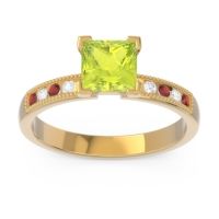 Peridot Ring In 18k Yellow Gold With Garnet And Lab Diamond Avikala Princess Classic Ring