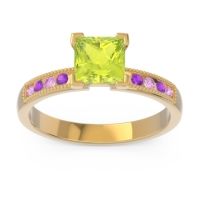Peridot Ring In 18k Yellow Gold With Pink Tourmaline And Amethyst Avikala Princess Classic Ring