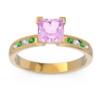 Pink Tourmaline Ring In 14k Yellow Gold With Aquamarine And Emerald Avikala Princess Classic Ring