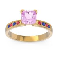 Pink Tourmaline Ring In 18k Yellow Gold With Blue Sapphire And Ruby Avikala Princess Classic Ring