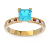 Swiss Blue Topaz Ring In 18k Yellow Gold With Aquamarine And Garnet Avikala Princess Classic Ring