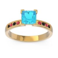 Swiss Blue Topaz Ring In 18k Yellow Gold With Black Onyx And Ruby Avikala Princess Classic Ring