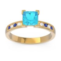 Swiss Blue Topaz Engagement Ring In 18k Yellow Gold With Blue Sapphire And Diamond - Avikala Princess Classic Ring