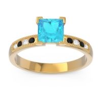 Swiss Blue Topaz Ring In 18k Yellow Gold With Lab Diamond And Black Onyx Avikala Princess Classic Ring