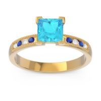Swiss Blue Topaz Ring In 18k Yellow Gold With Lab Diamond And Blue Sapphire Avikala Princess Classic Ring