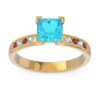Swiss Blue Topaz Ring In 18k Yellow Gold With Garnet And Aquamarine Avikala Princess Classic Ring
