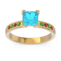 Swiss Blue Topaz Ring In 18k Yellow Gold With Garnet And Emerald Avikala Princess Classic Ring
