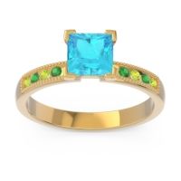 Swiss Blue Topaz Ring In 18k Yellow Gold With Peridot And Emerald Avikala Princess Classic Ring