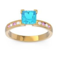 Swiss Blue Topaz Ring In 18k Yellow Gold With Pink Tourmaline And Lab Diamond Avikala Princess Classic Ring