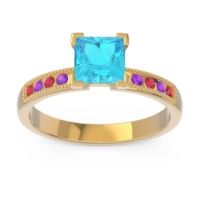 Swiss Blue Topaz Ring In 18k Yellow Gold With Ruby And Amethyst Avikala Princess Classic Ring