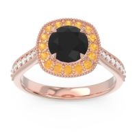 Black Onyx Ring In 14K Rose Gold With Citrine And Lab Diamond Bahurupaka Round Antique Ring