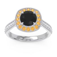 Black Onyx Ring In 18k White Gold With Citrine And Lab Diamond Bahurupaka Round Antique Ring