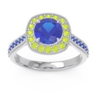 Lab Blue Sapphire Ring In Palladium With Peridot And Blue Sapphire Bahurupaka Round Antique Ring