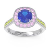 Lab Blue Sapphire Ring In Palladium With Pink Tourmaline And Peridot Bahurupaka Round Antique Ring
